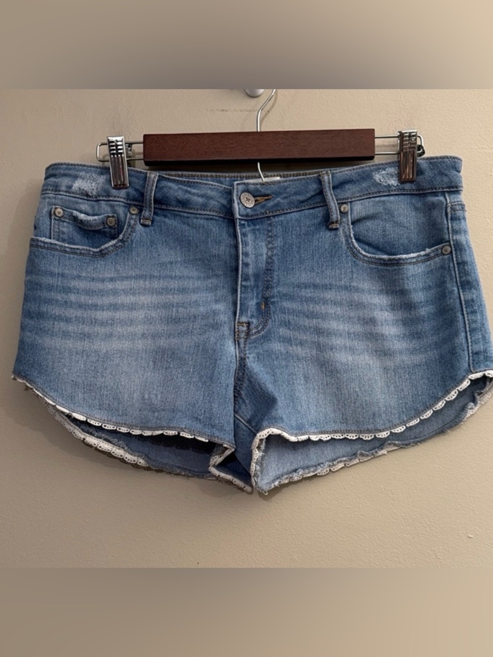 Altar'd State Light Blue Denim Shorts /Jorts with White Lace Trim Women's Sz 30